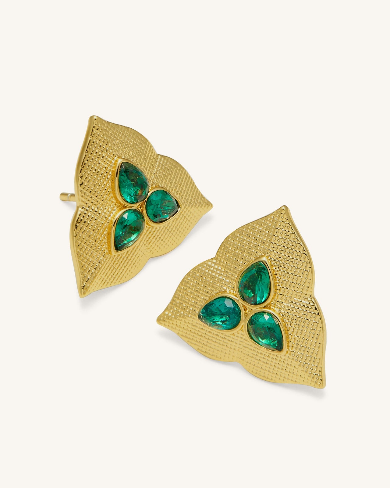 葉子耳環 - 18ct 鍍金 & 深綠色鋯石